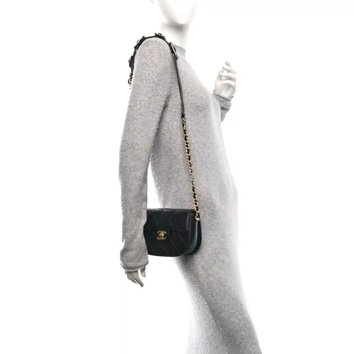 Chanel Shiny Calfskin Quilted Buckle Moon Messenger Bag Black - NEESTRA