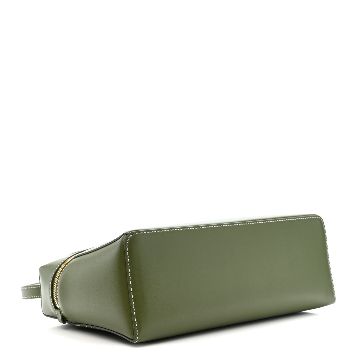 Olive green leather mini bag with gold-trim zipper and clean, flat profile