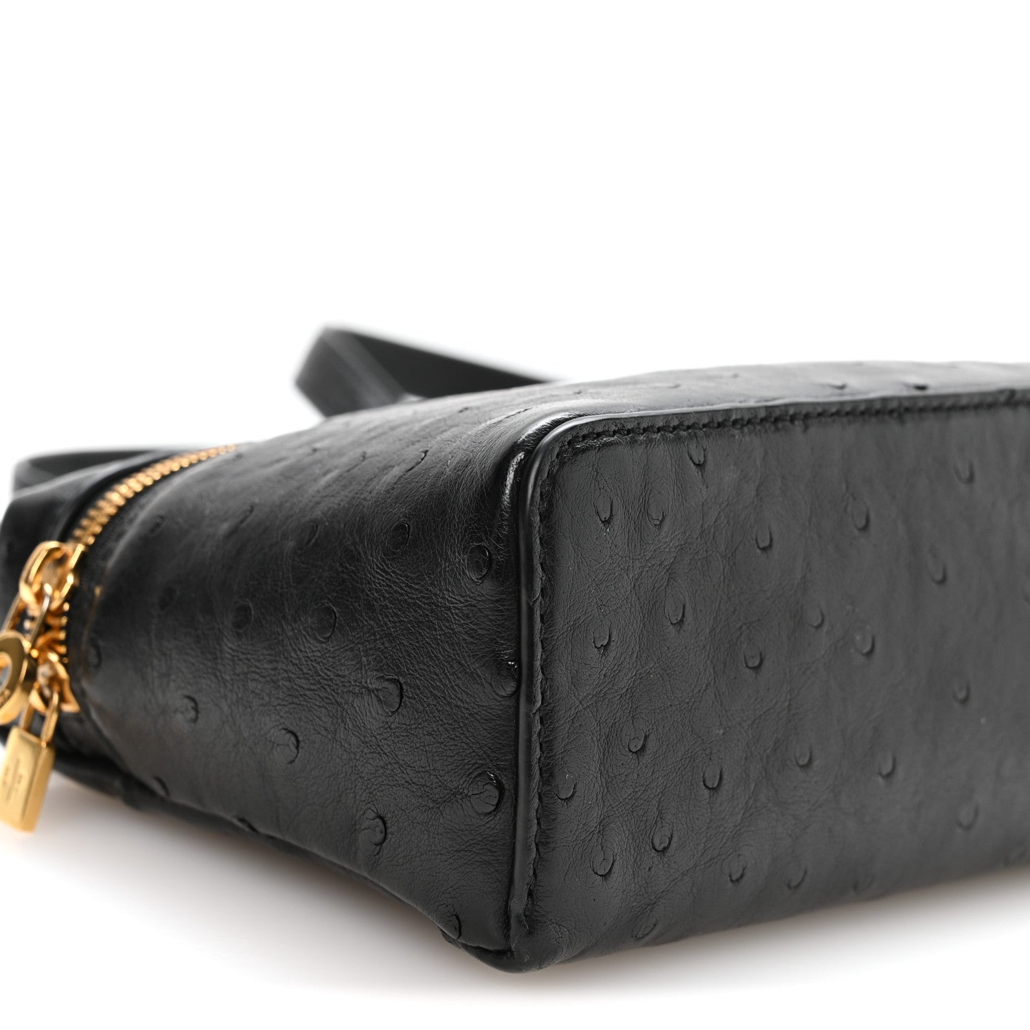 Black ostrich pocket pouch end view with gold-tone zipper and handle tab