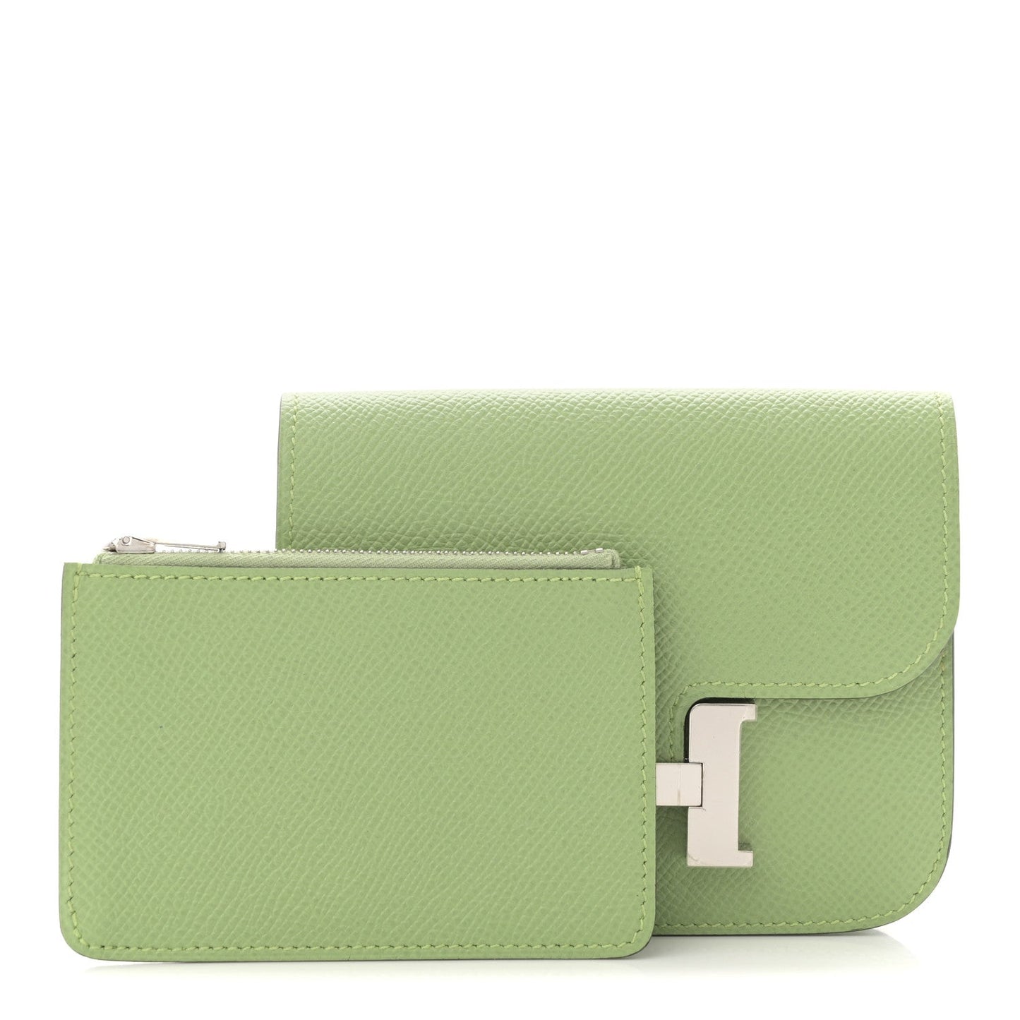 Light green slim wallet with H clasp and attached cardholder, front view
