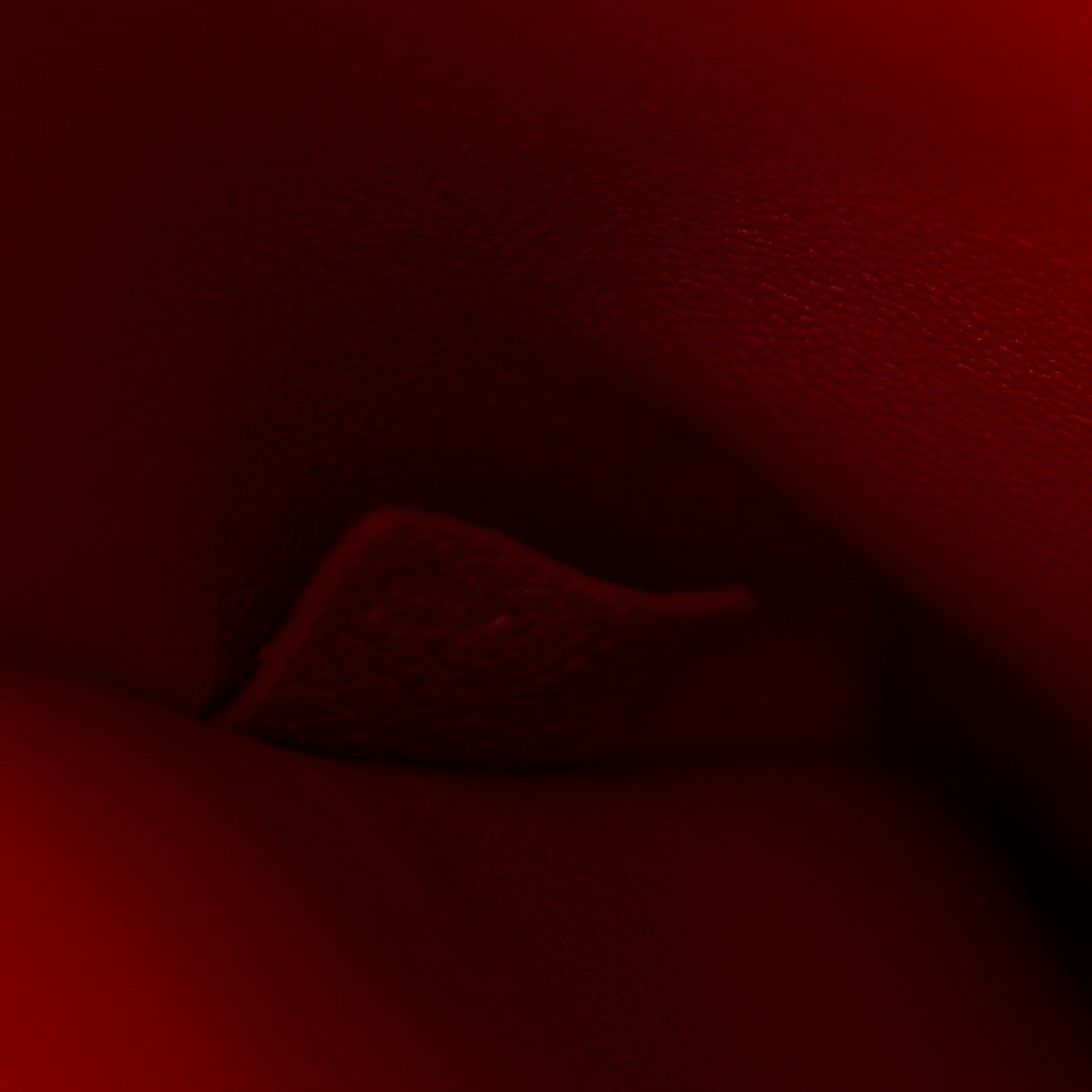 Red leather bag interior close-up, dark interior lining