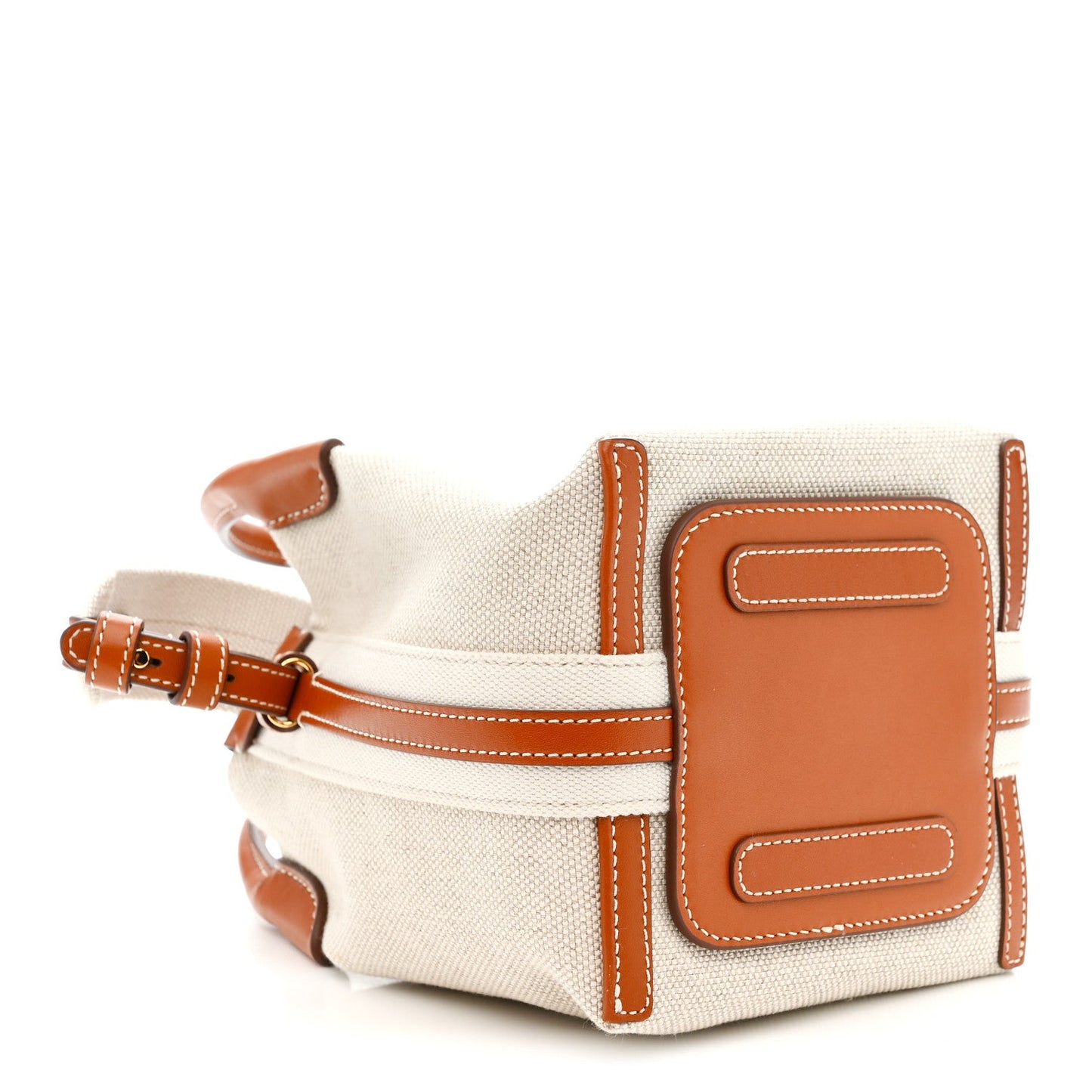 Loro Piana micro bale bag, natural canvas with tan leather trim, flap tab and buckle.