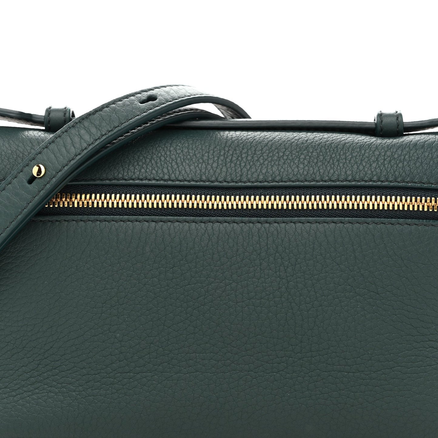 Dark green grained leather pouch with top zipper and leather strap attachment.
