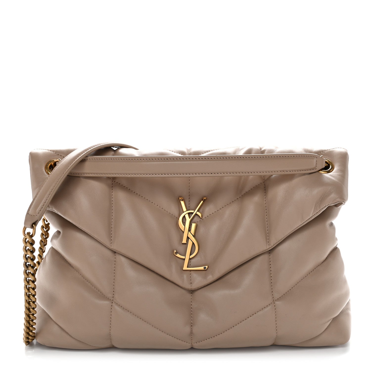 Saint Laurent Loulou Puffer Quilted Lambskin Chain Satchel Medium Dark Beige