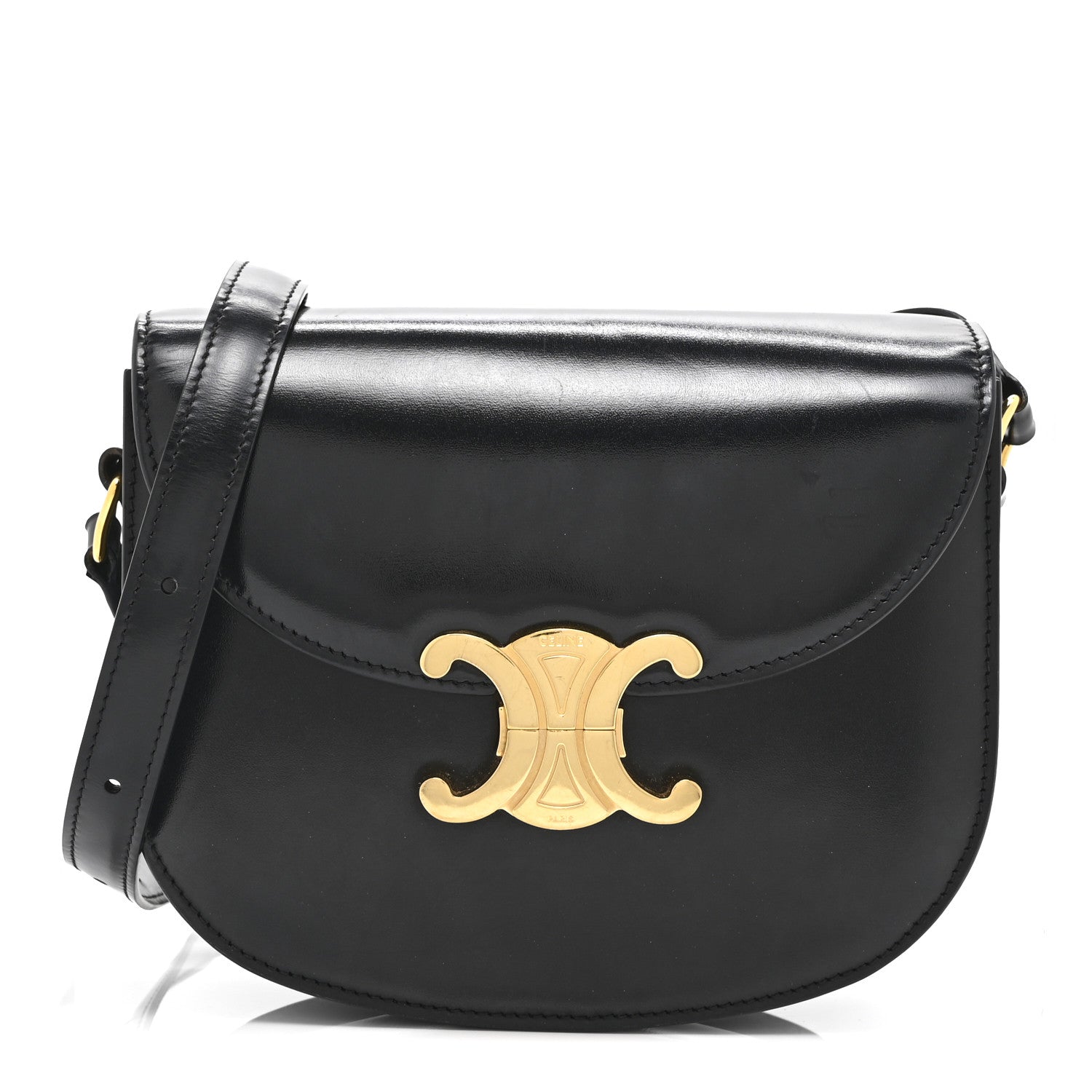 Black shiny calfskin flap crossbody bag with gold Triomphe emblem and shoulder strap