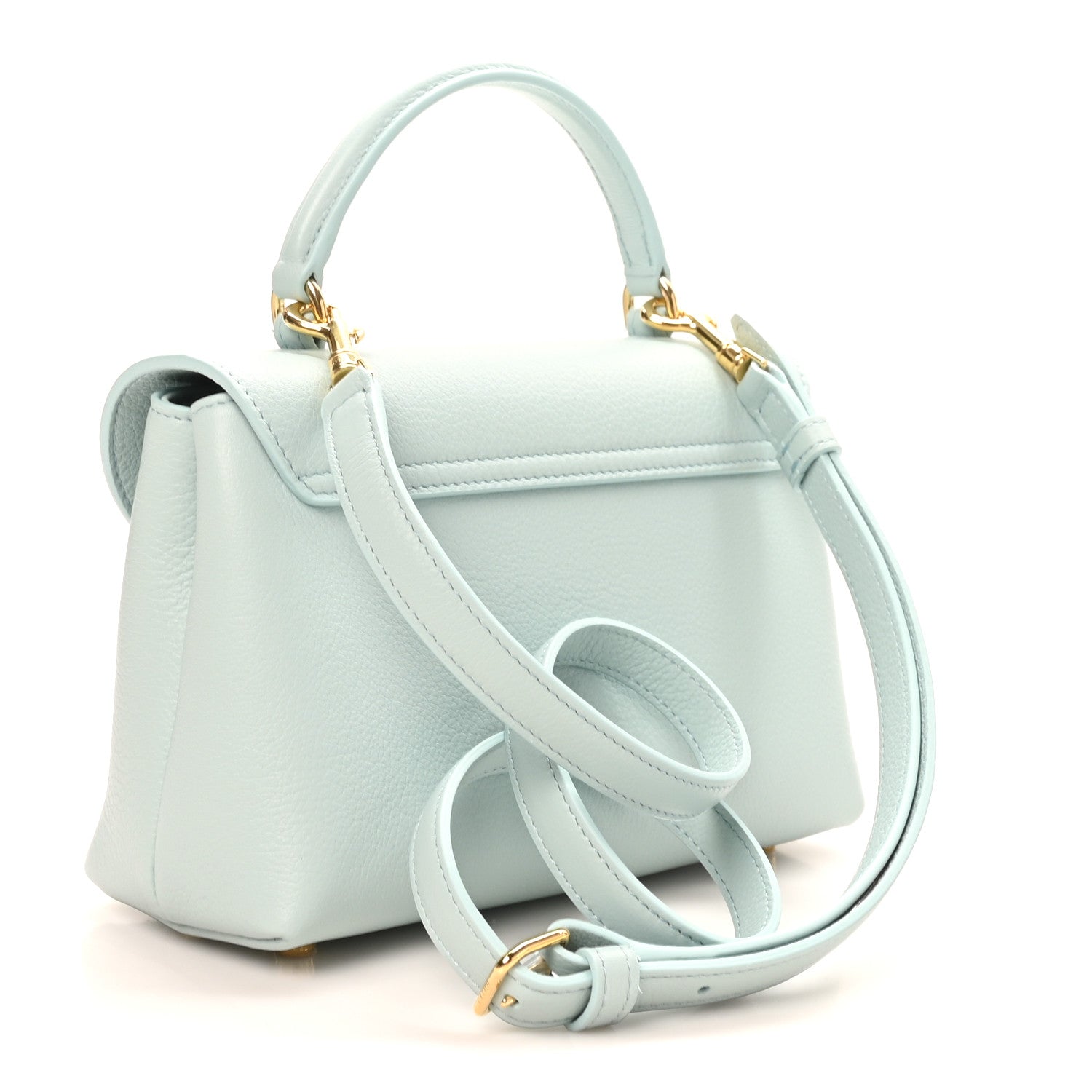 Light blue leather handbag with adjustable shoulder strap and front flap