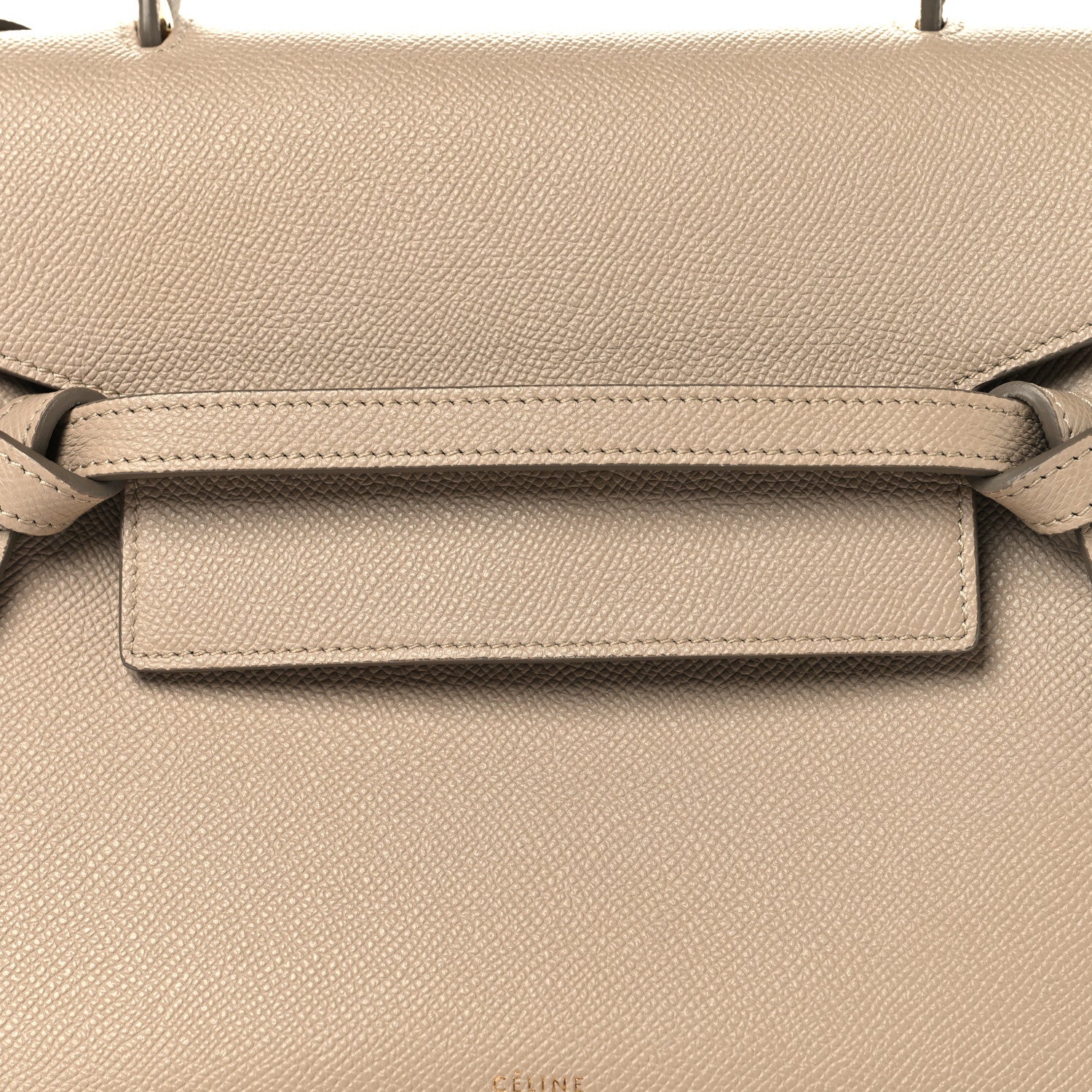 Celine light taupe micro belt bag front flap detail with adjustable belt strap