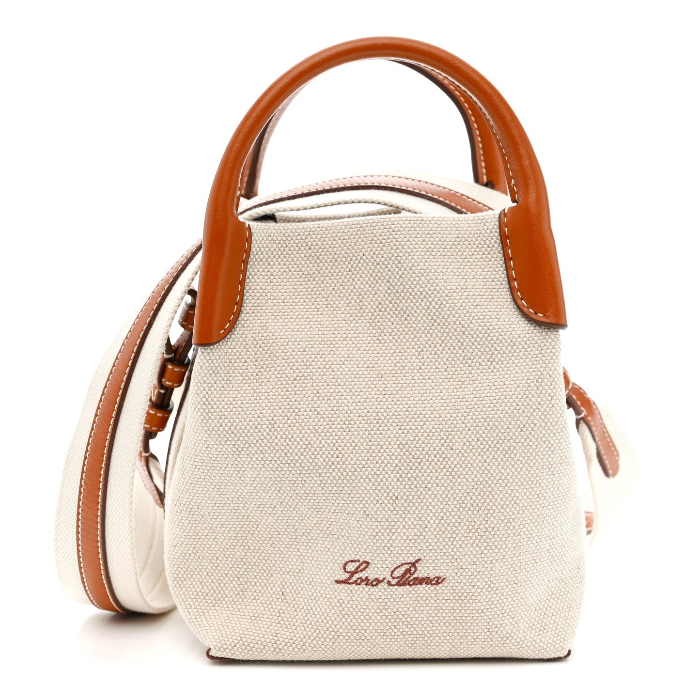 Loro Piana micro bale bag, natural canvas with tan leather handles and logo.