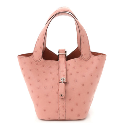 Ostrich Leather Micro Picotin Lock Bucket Bag Terre Cuite