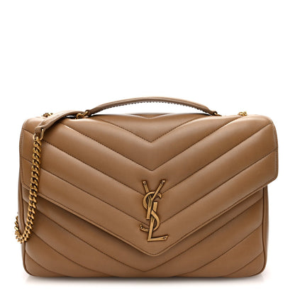 Saint Laurent Lambskin Chevron Quilted Large Loulou Bag Natural Tan