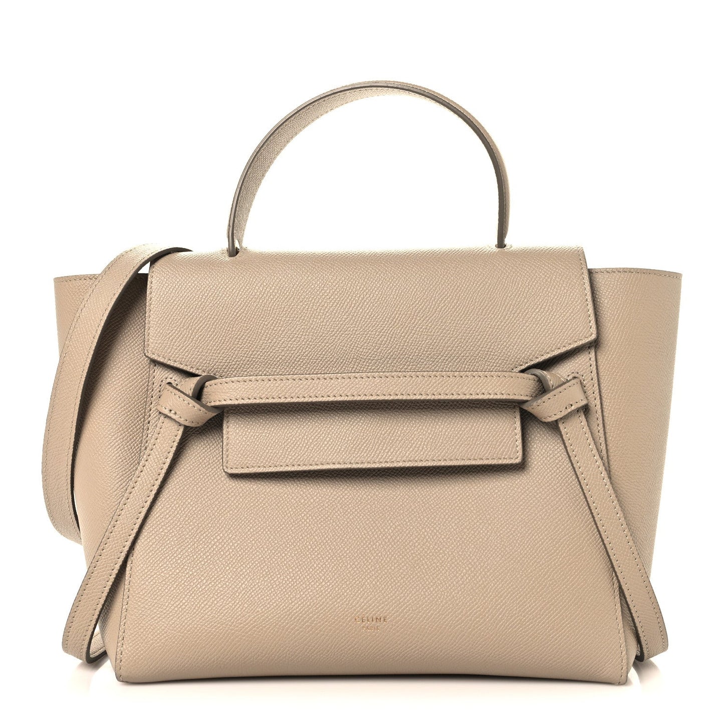 Celine light taupe grained calfskin micro belt bag with top handle and flap front