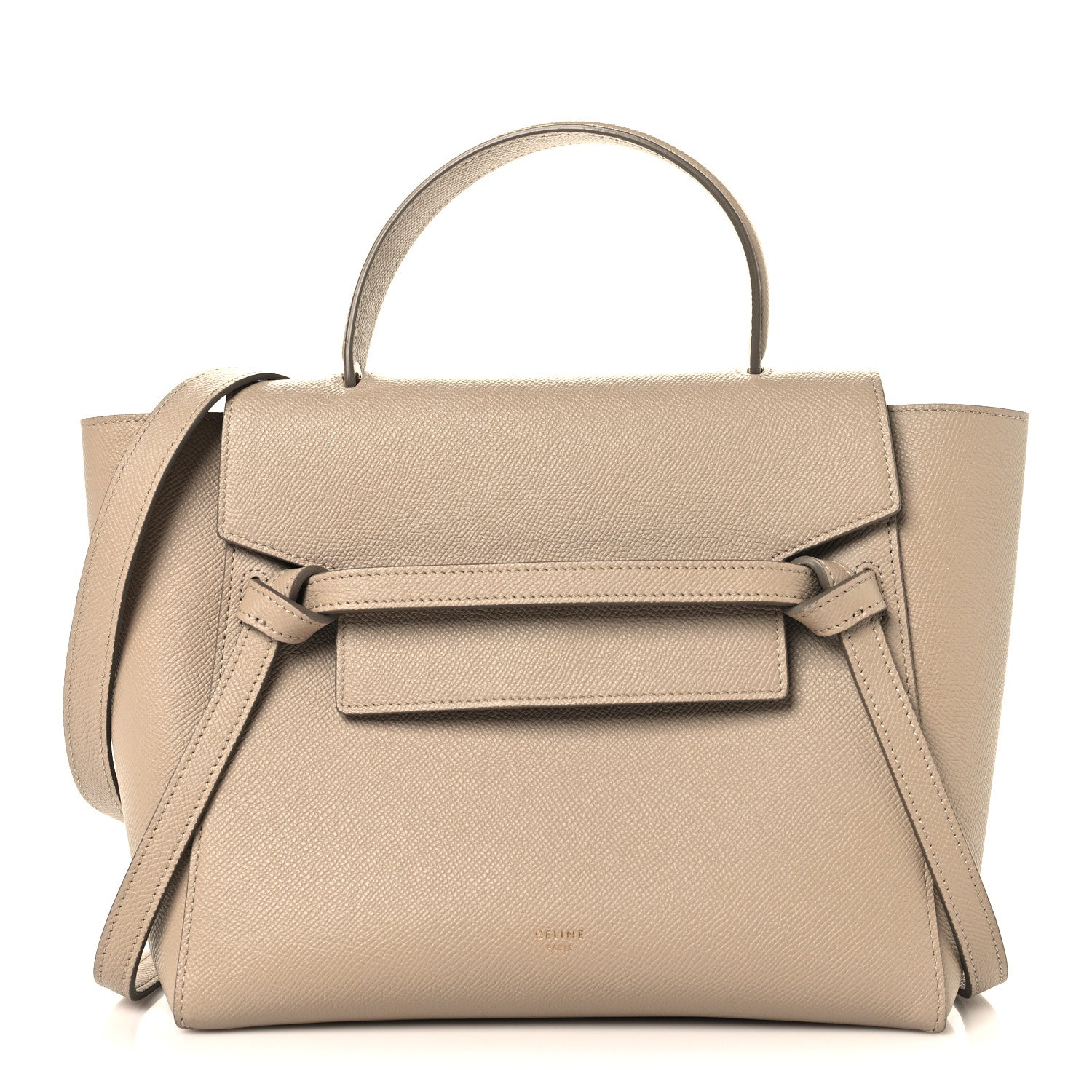 Celine light taupe grained calfskin micro belt bag with top handle and flap front