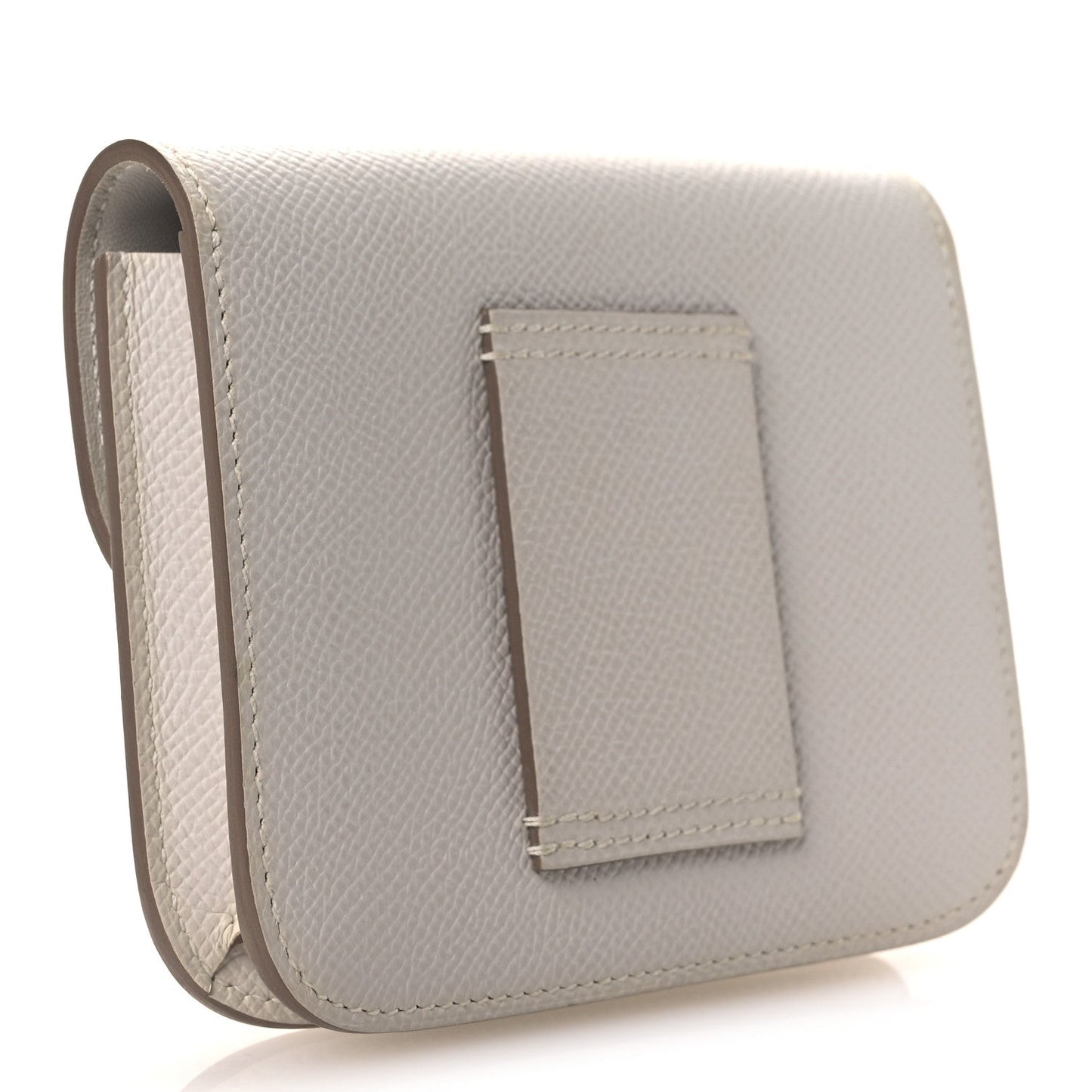 Pale gray leather slim wallet with fold-over flap and stitched front pocket