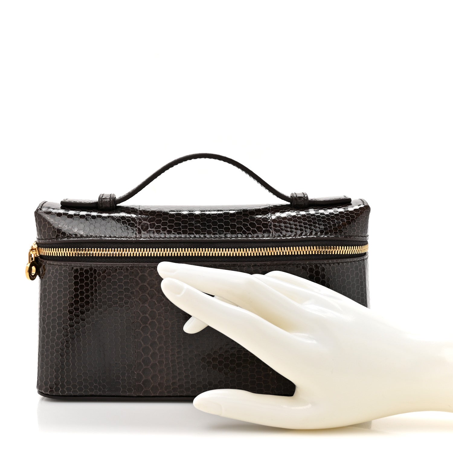 Loro Piana lizard leather extra pocket pouch with open top, gold zipper, dark brown
