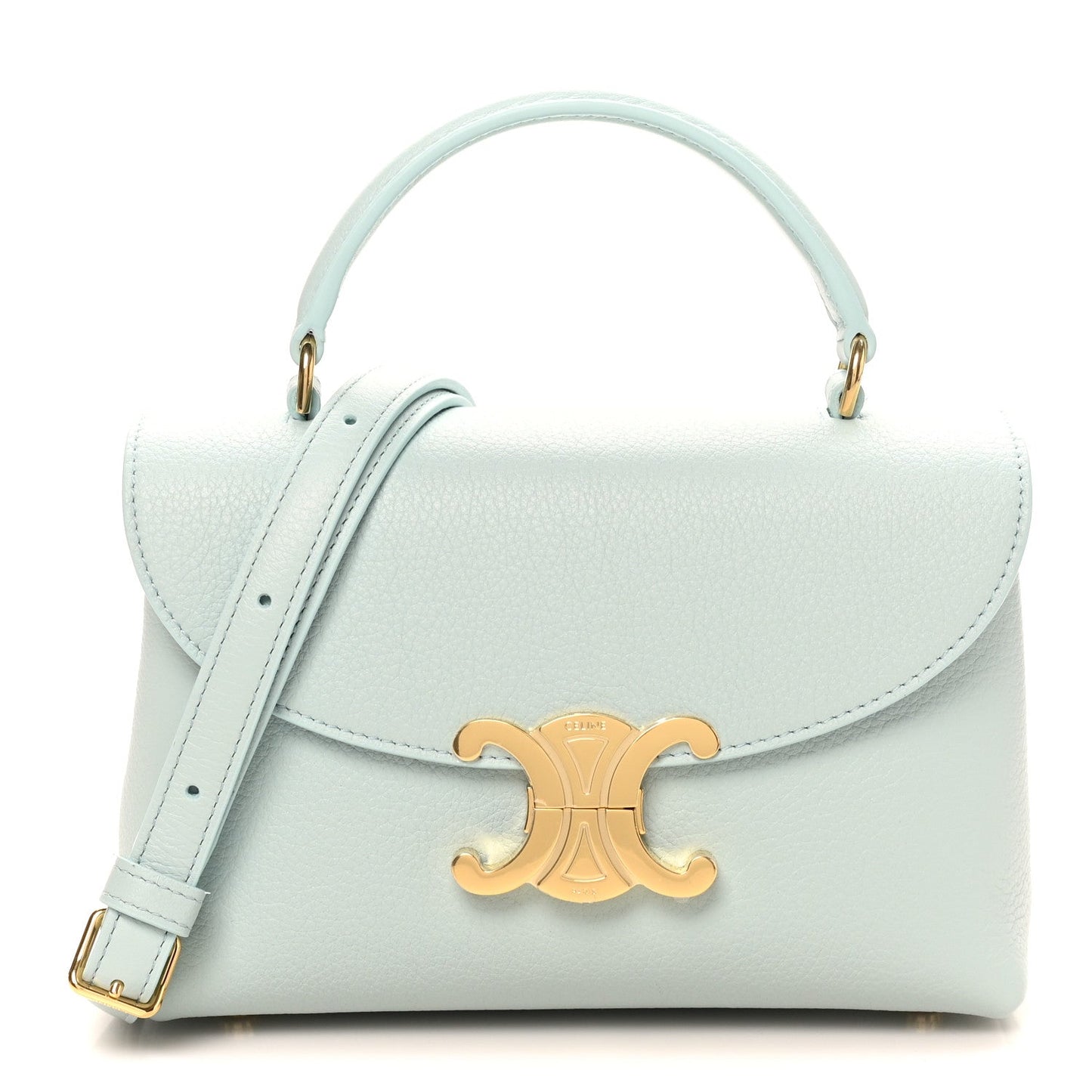 Light blue leather mini top-handle bag with gold logo clasp on front