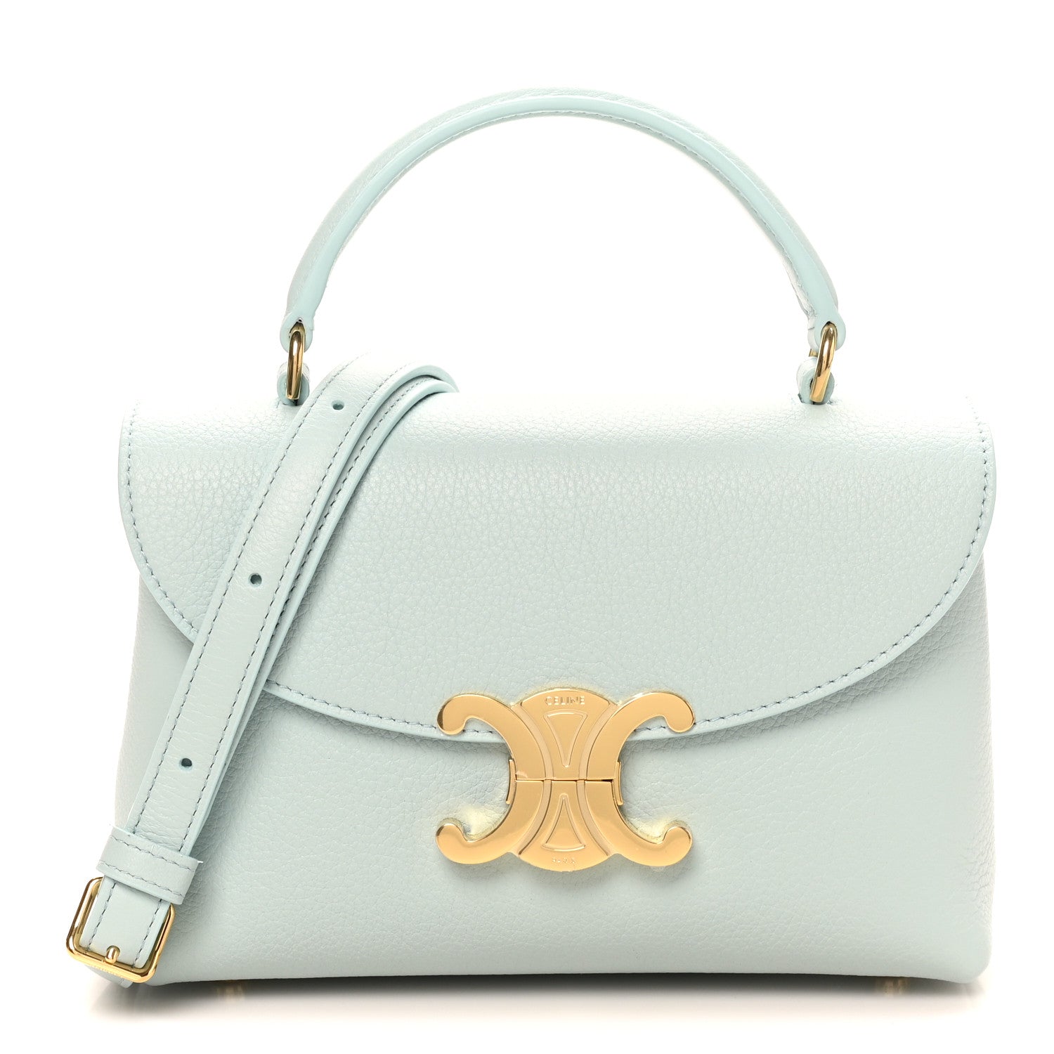 Light blue leather mini top-handle bag with gold logo clasp on front