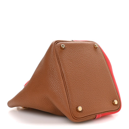 Taurillon Clemence Casaque Picotin Lock 18 PM Gold and Rouge De Coeur