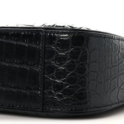 SAINT LAURENT Calfskin Crocodile Embossed Le 5 A 7 Hobo Shoulder Bag Black