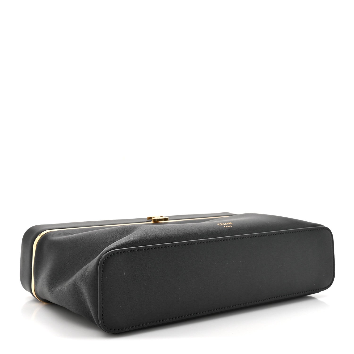 Black leather rectangle bag side view with gold-tone top clasp hardware