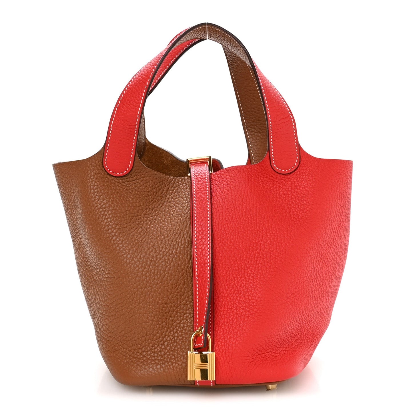 Taurillon Clemence Casaque Picotin Lock 18 PM Gold and Rouge De Coeur