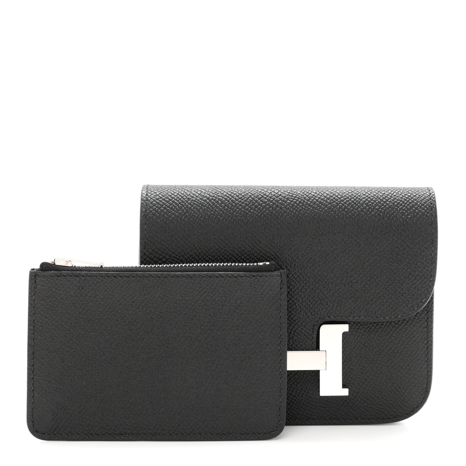 Black slim wallet with flap closed, showing H clasp hardware.