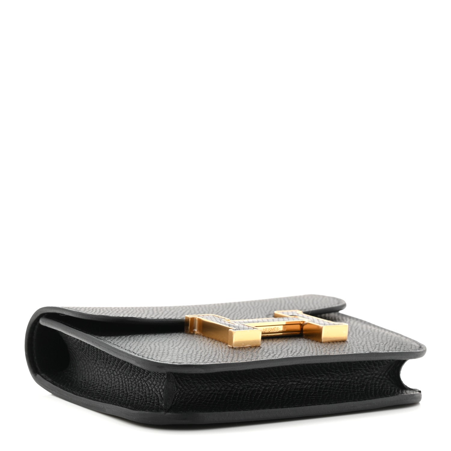 Black slim wallet showing interior lining and gold pushlock closure