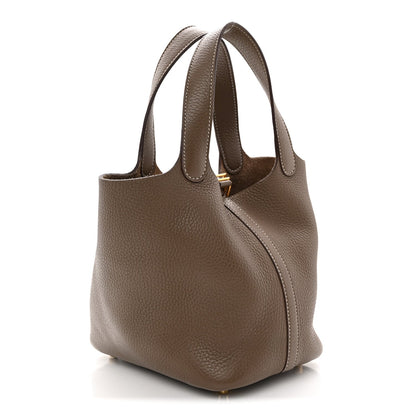 Calfskin Leather Picotin Lock 18 PM Etoupe Bucket Bag