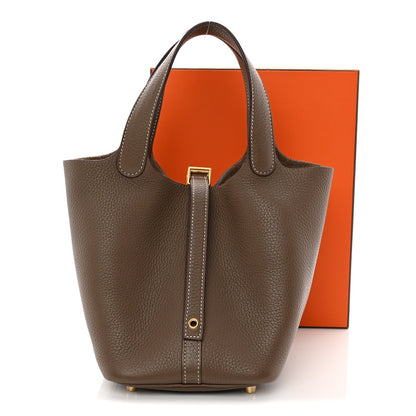 Calfskin Leather Picotin Lock 18 PM Etoupe Bucket Bag