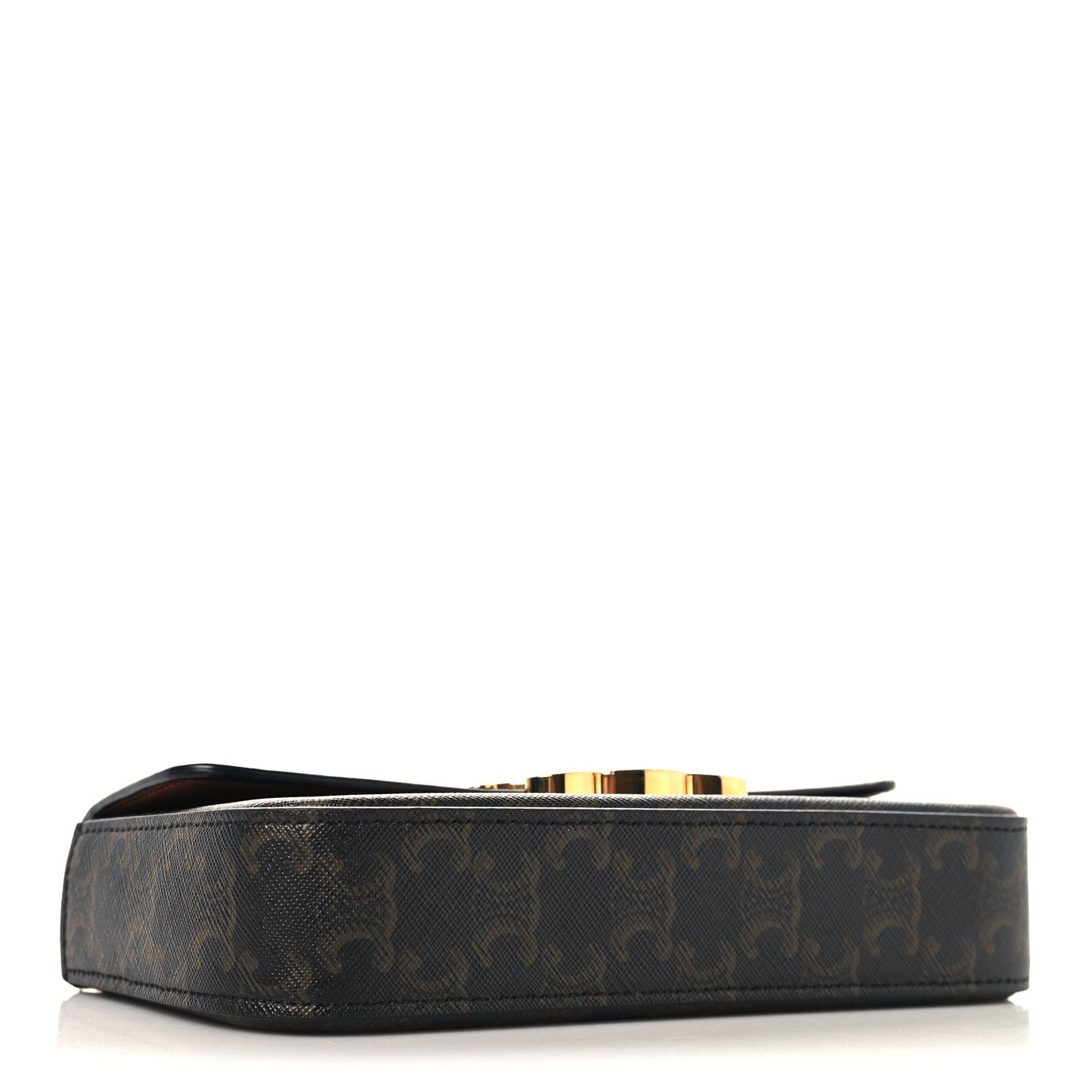 Celine canvas shoulder bag base view with dark monogram trim and gold hardware