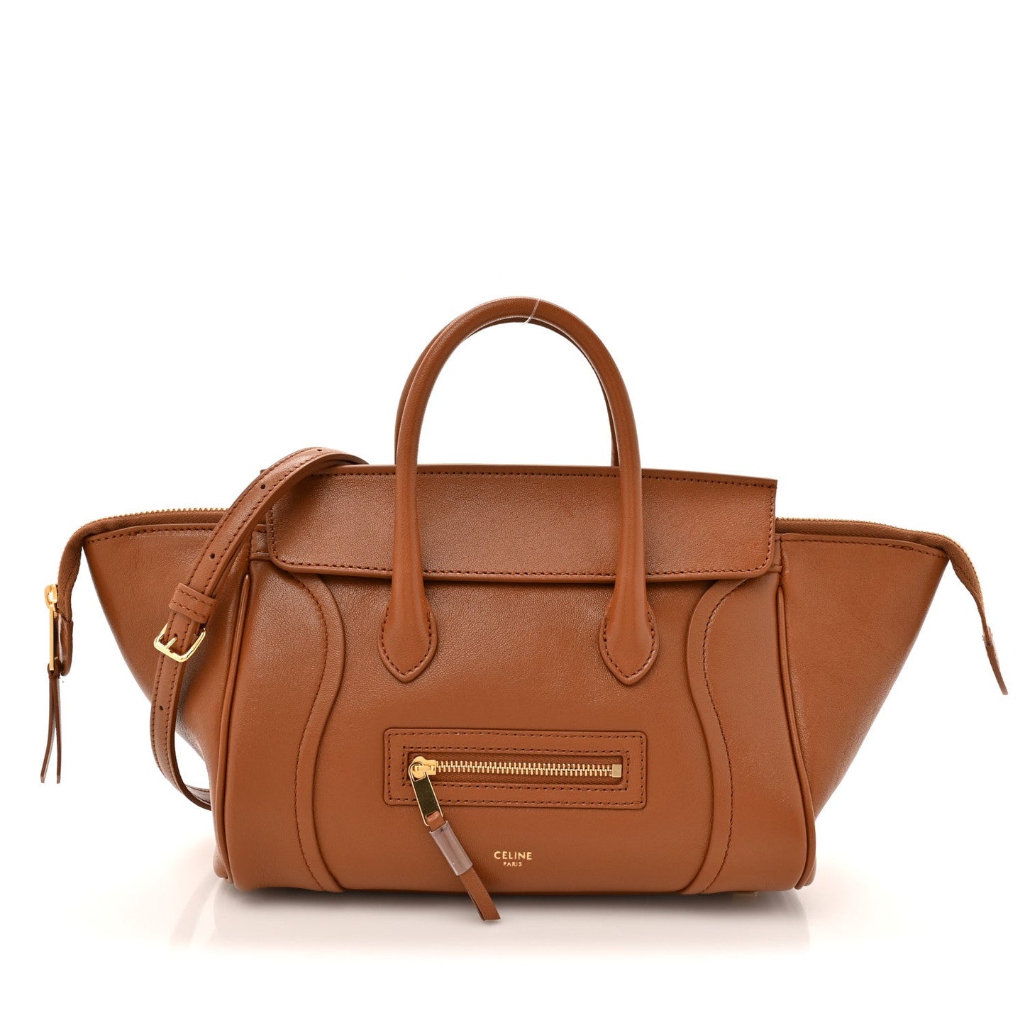 Tan leather small handbag with top handles, zip pocket, and gold-tone hardware.