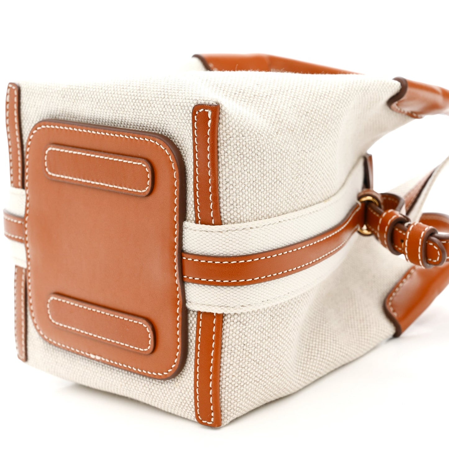 Loro Piana micro bale bag, natural canvas with tan leather pocket panel and shoulder strap.