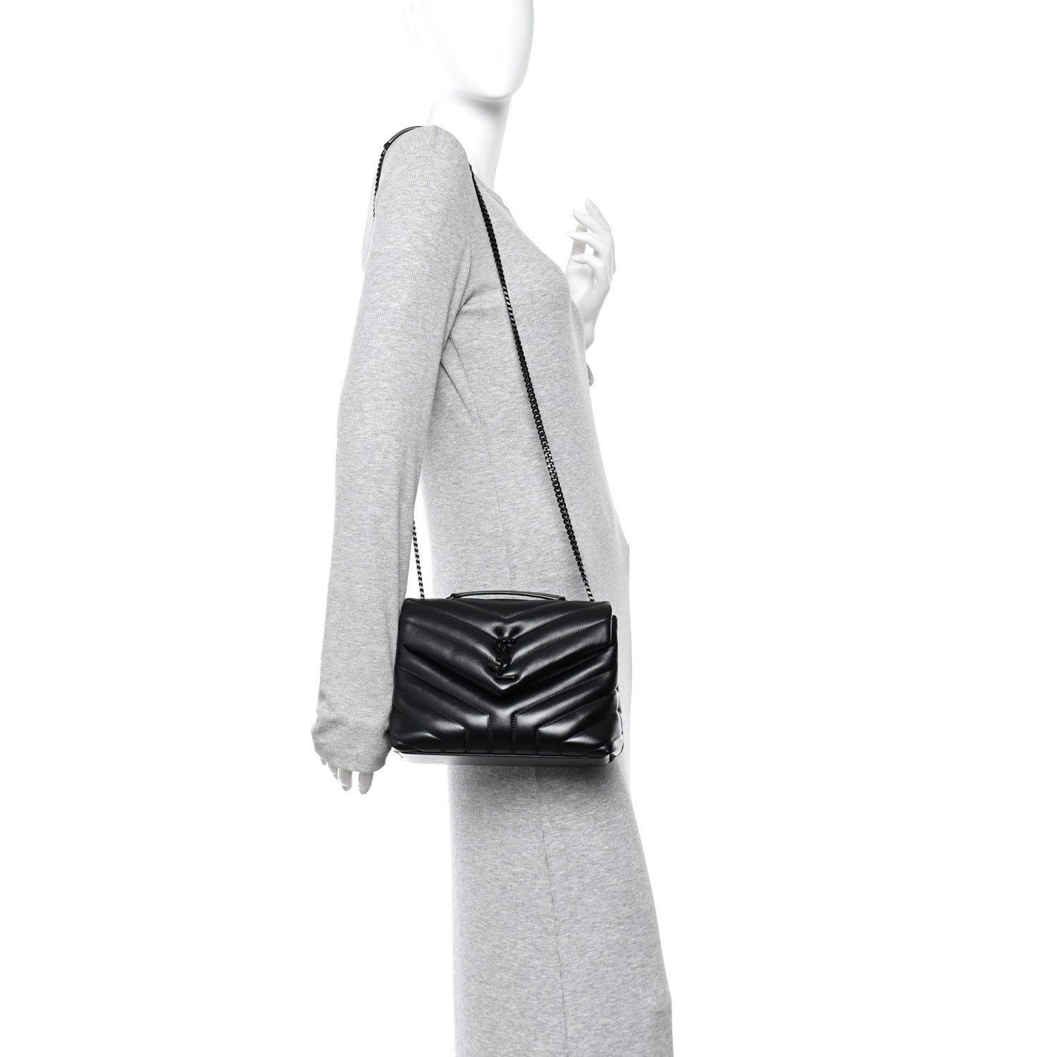 Saint Laurent Loulou Small Chevron Quilted Calfskin Chain Satchel Black