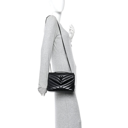 Saint Laurent Loulou Small Chevron Quilted Calfskin Chain Satchel Black
