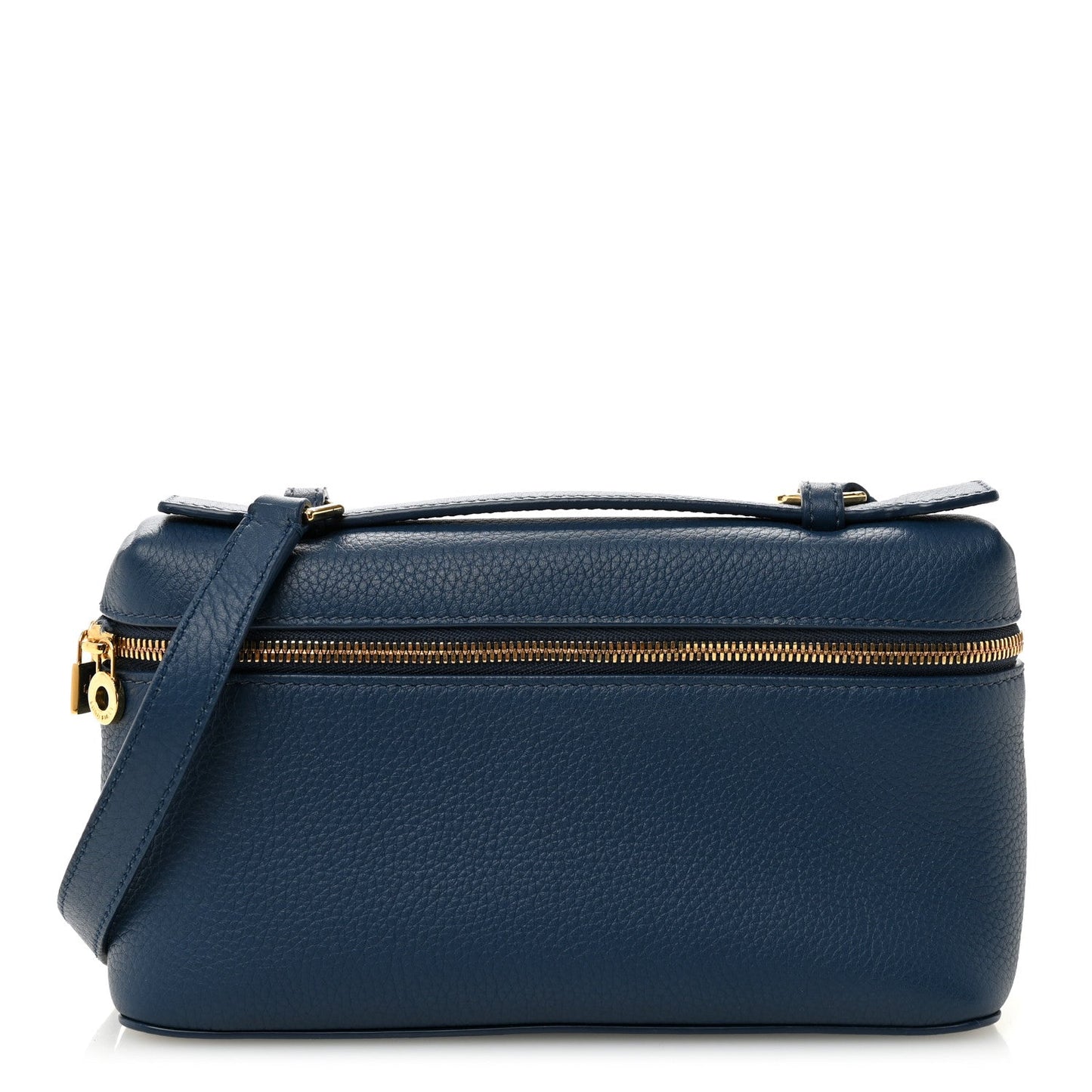 Navy grained calfskin pouch with top zip and short crossbody strap