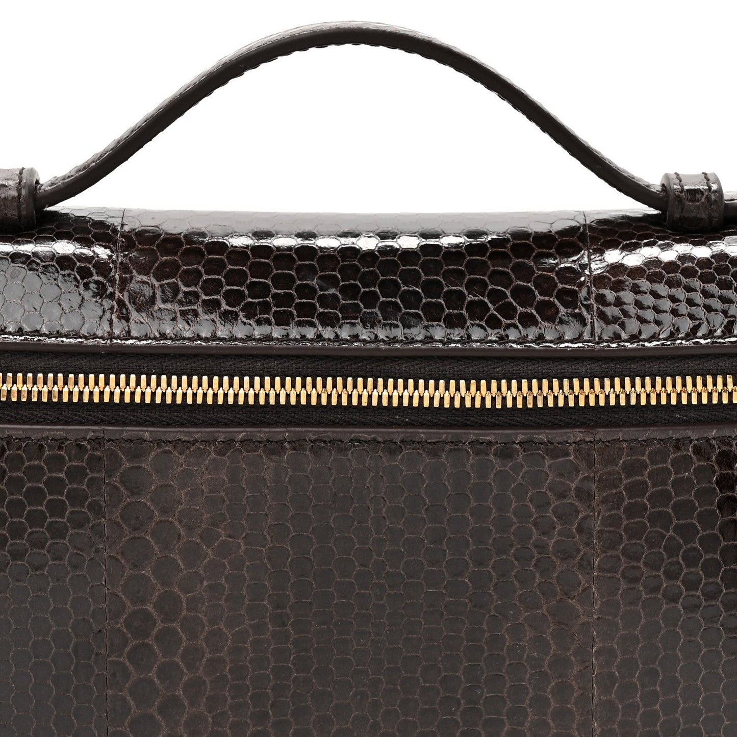 Loro Piana lizard leather pouch top edge with gold zipper and stitched handle attachment