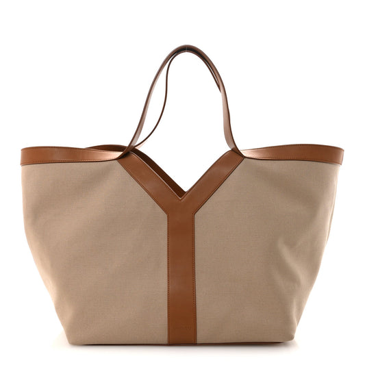 Saint Laurent Canvas Calfskin Y Tote Tan Natural