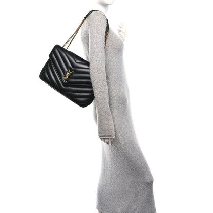 Saint Laurent Lambskin Chevron Quilted Large LouLou Shoulder Bag Black