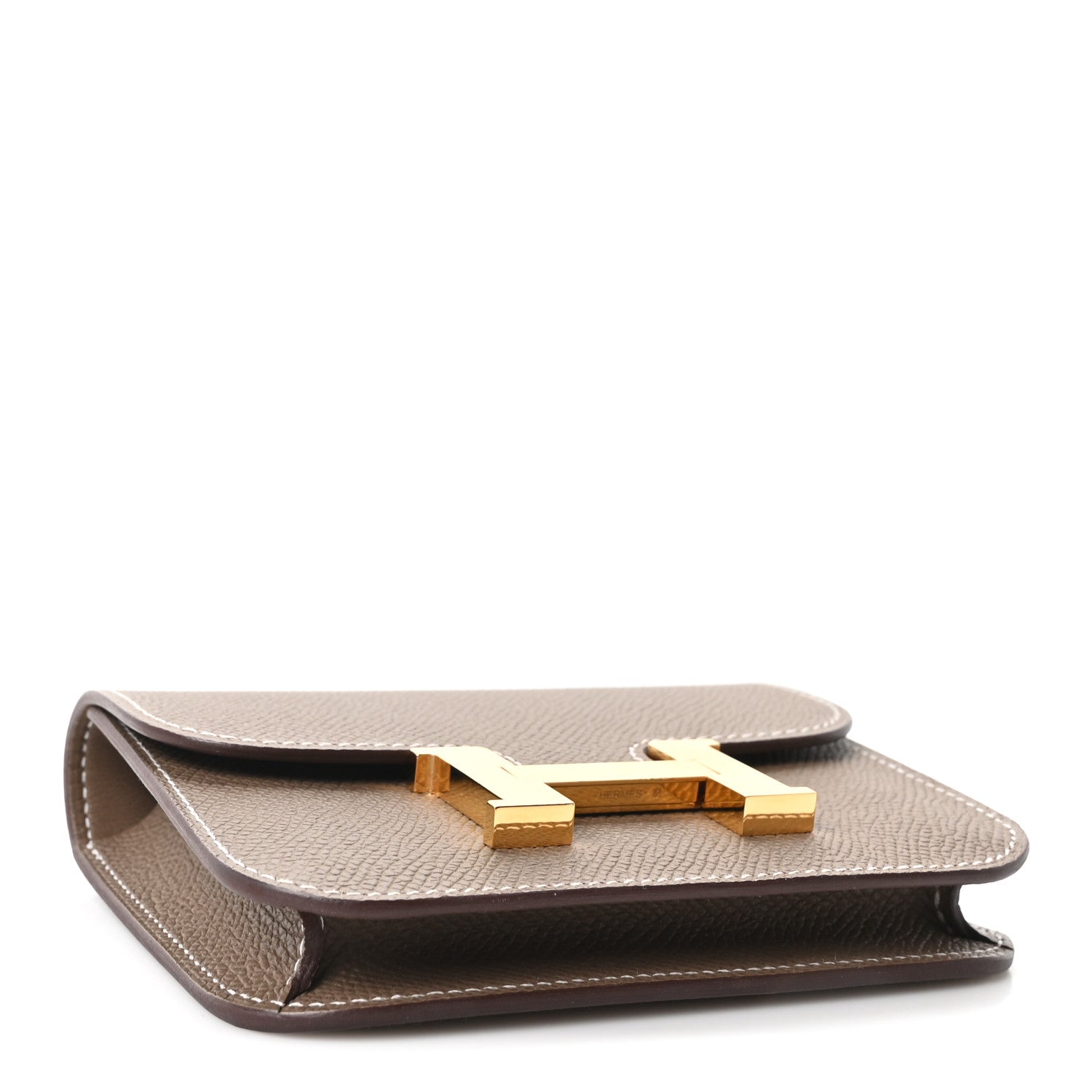 Hermes Constance slim wallet underside, etoupe textured leather, gold H clasp