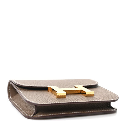 Hermes Constance slim wallet underside, etoupe textured leather, gold H clasp