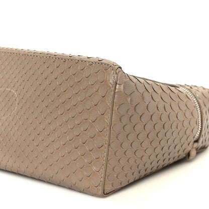 Matte snakeskin handbag end panel close-up with zipper track and textured pattern