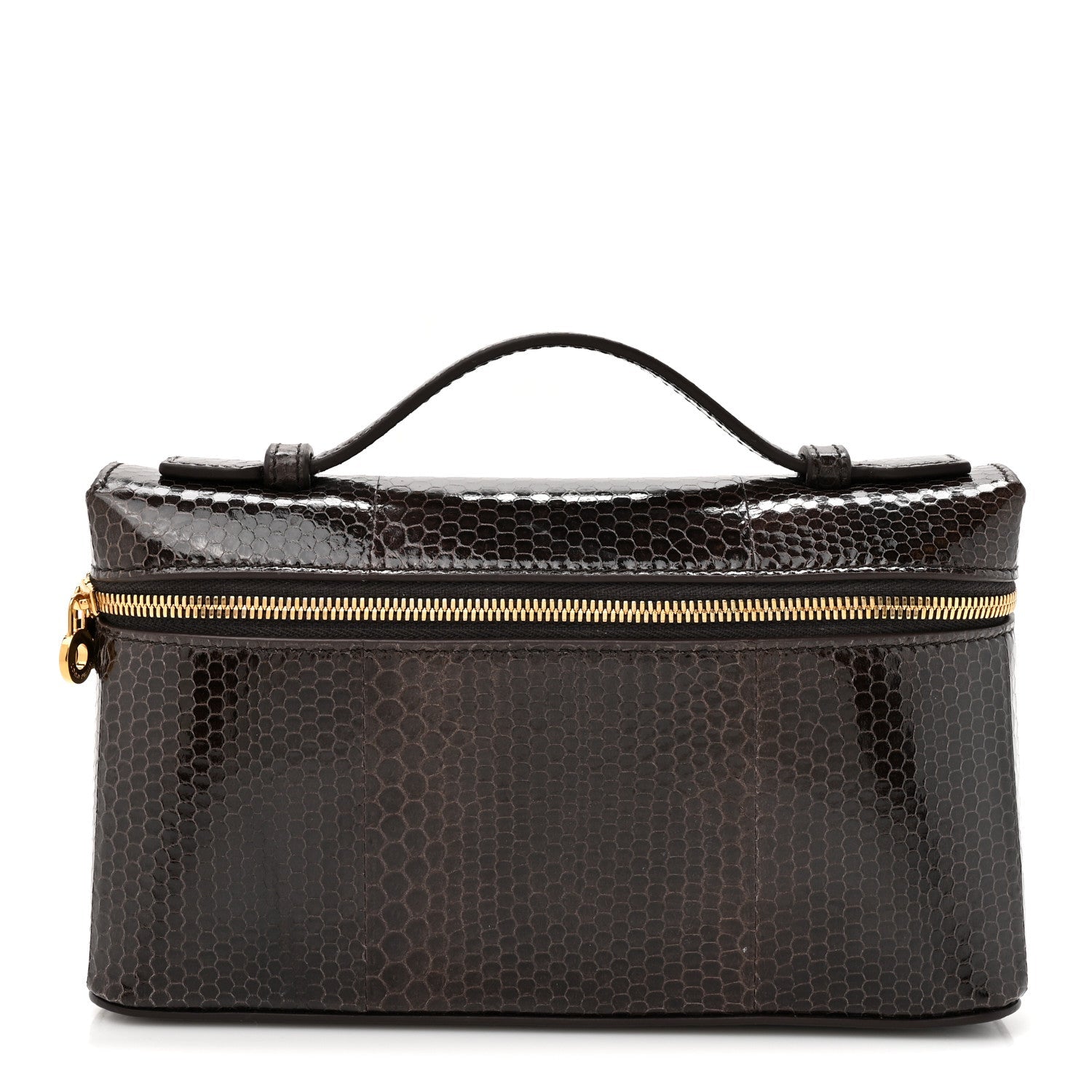 Loro Piana lizard leather extra pocket pouch with top handle and gold zipper, dark brown