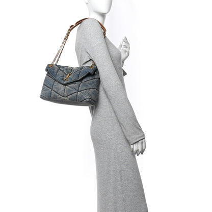 Saint Laurent Denim Quilted Small Loulou Puffer Monogram Chain Satchel Blue Cinnamon