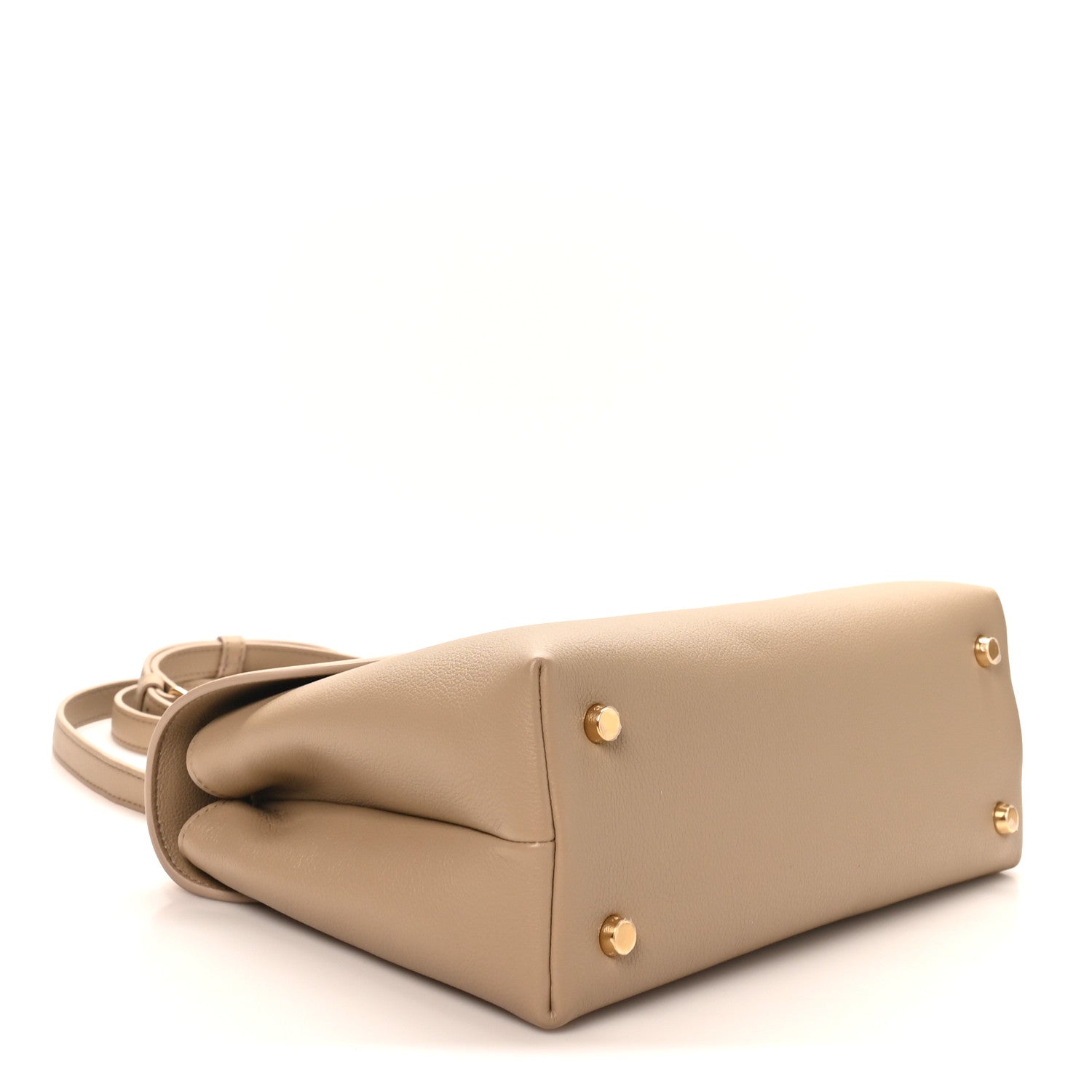 Beige Nino safari bag bottom corners with gold feet and side panel
