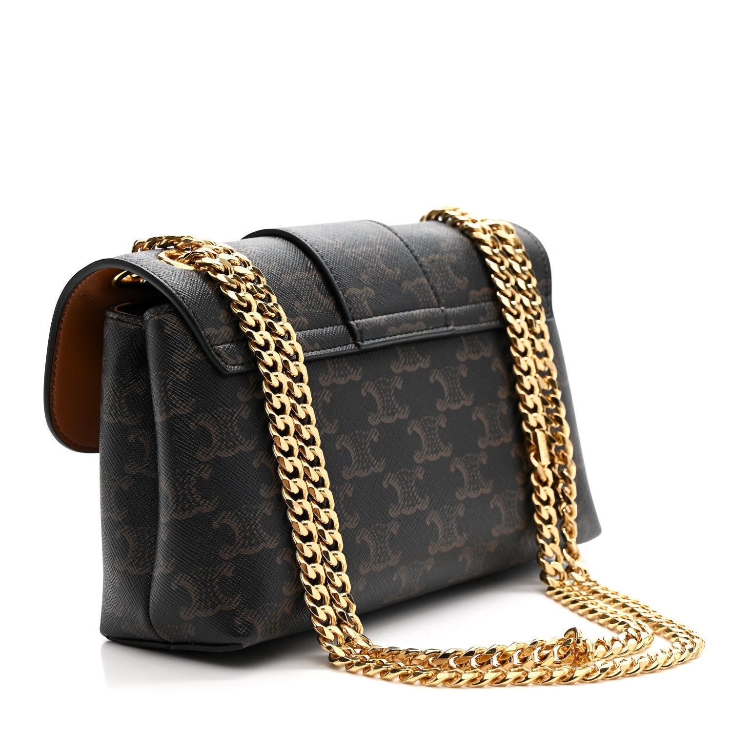 Celine Triomphe shoulder bag with gold chain strap, front flap and dark brown canvas