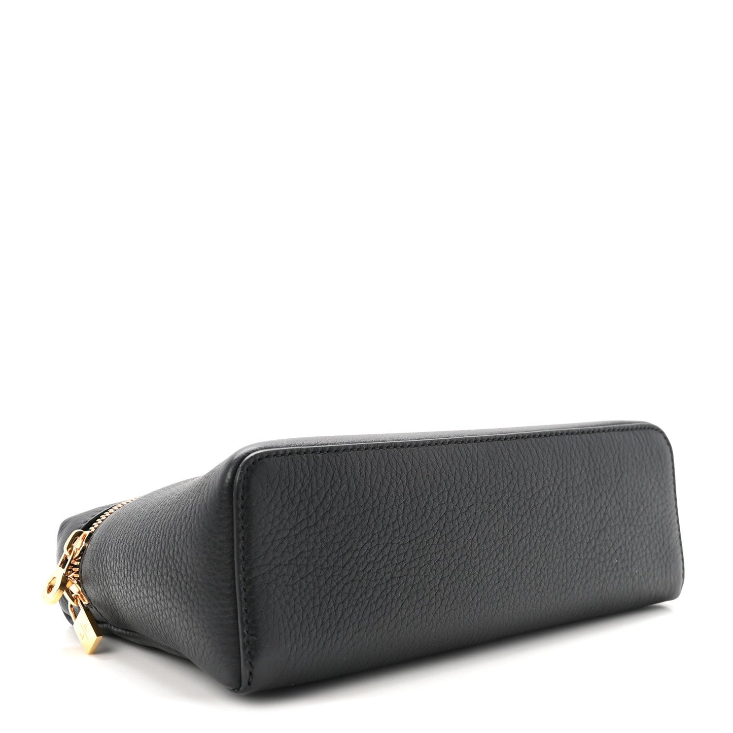 Loro Piana grained calfskin pouch, black, side view with zipper end and base