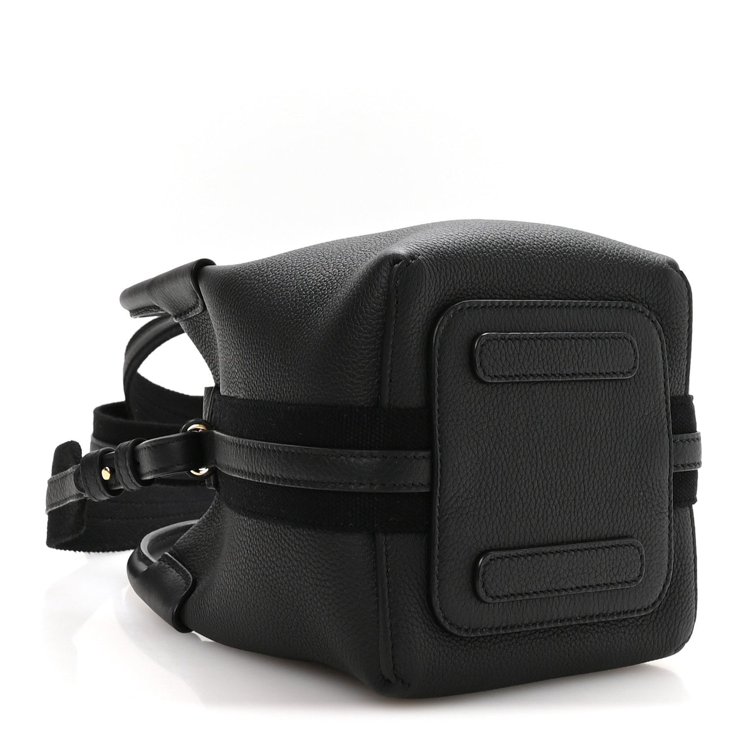 Black grained leather micro bale bag, flap pocket with strap and rectangular patch