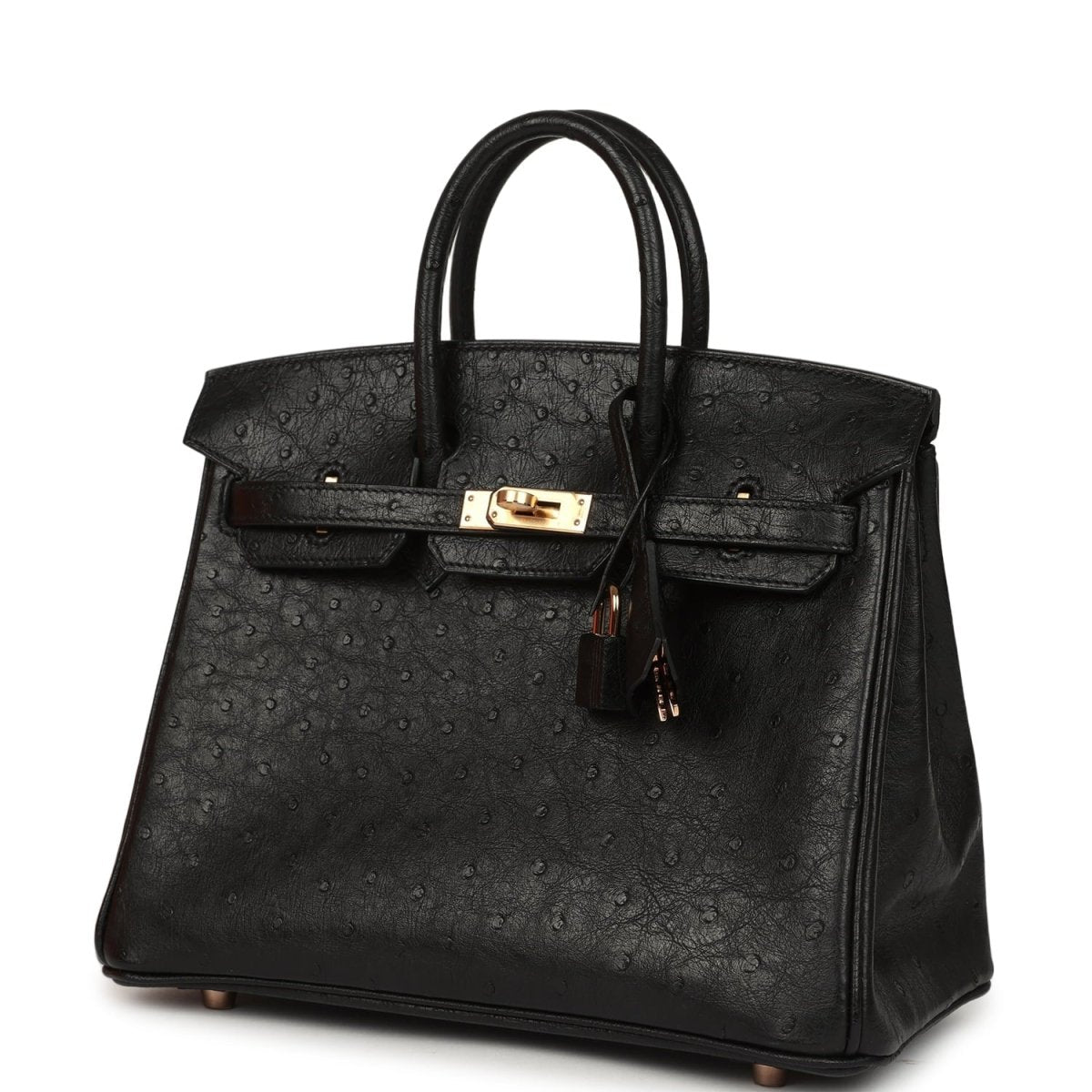 Hermes Birkin 25 Handbag Black Ostrich Leather Rose Gold Hardware - NEESTRA