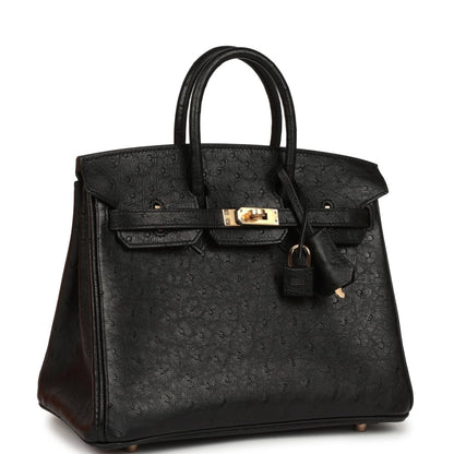 Hermes Birkin 25 Handbag Black Ostrich Leather Rose Gold Hardware - NEESTRA