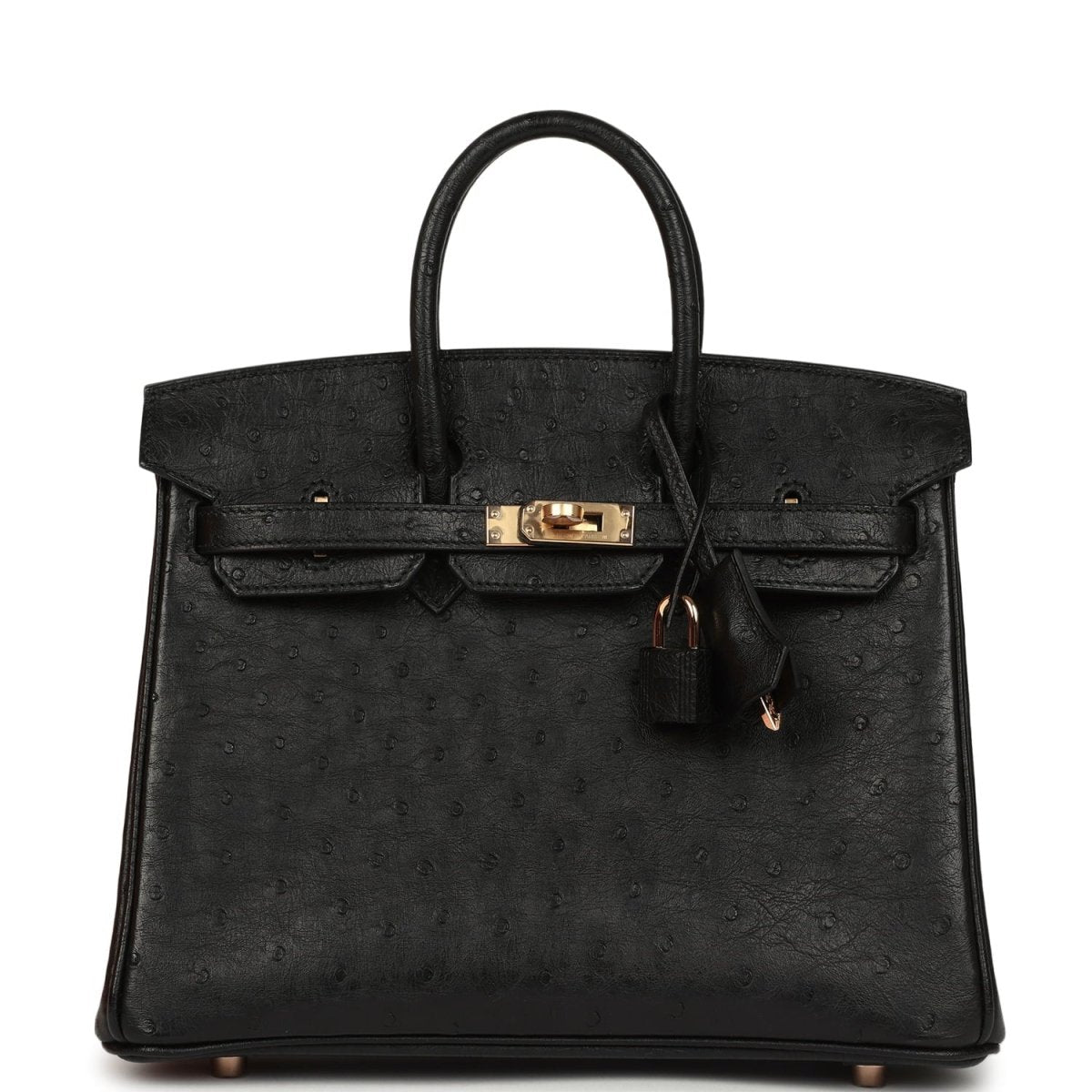 Hermes Birkin 25 Handbag Black Ostrich Leather Rose Gold Hardware - NEESTRA