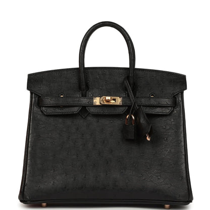Hermes Birkin 25 Handbag Black Ostrich Leather Rose Gold Hardware - NEESTRA